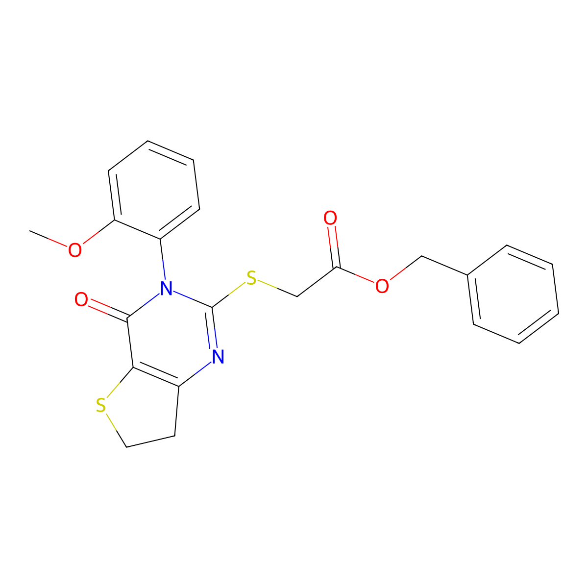 Benzyl 2-((3-(2-methoxyphenyl)-4-oxo-3,4,6,7-tetrahydrothieno[3,2-d]pyrimidin-2-yl)thio)acetate molecular structure, CAS 850915-38-7