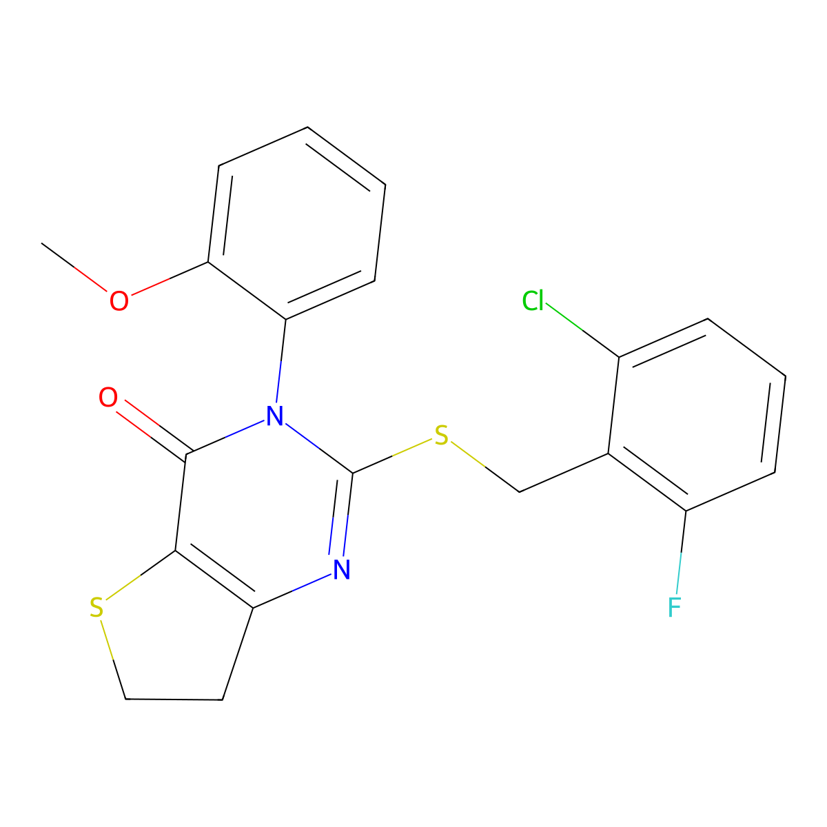 2-[(2-Chloro-6-fluorophenyl)methylsulfanyl]-3-(2-methoxyphenyl)-6,7-dihydrothieno[3,2-d]pyrimidin-4-one molecular structure, CAS 850915-46-7