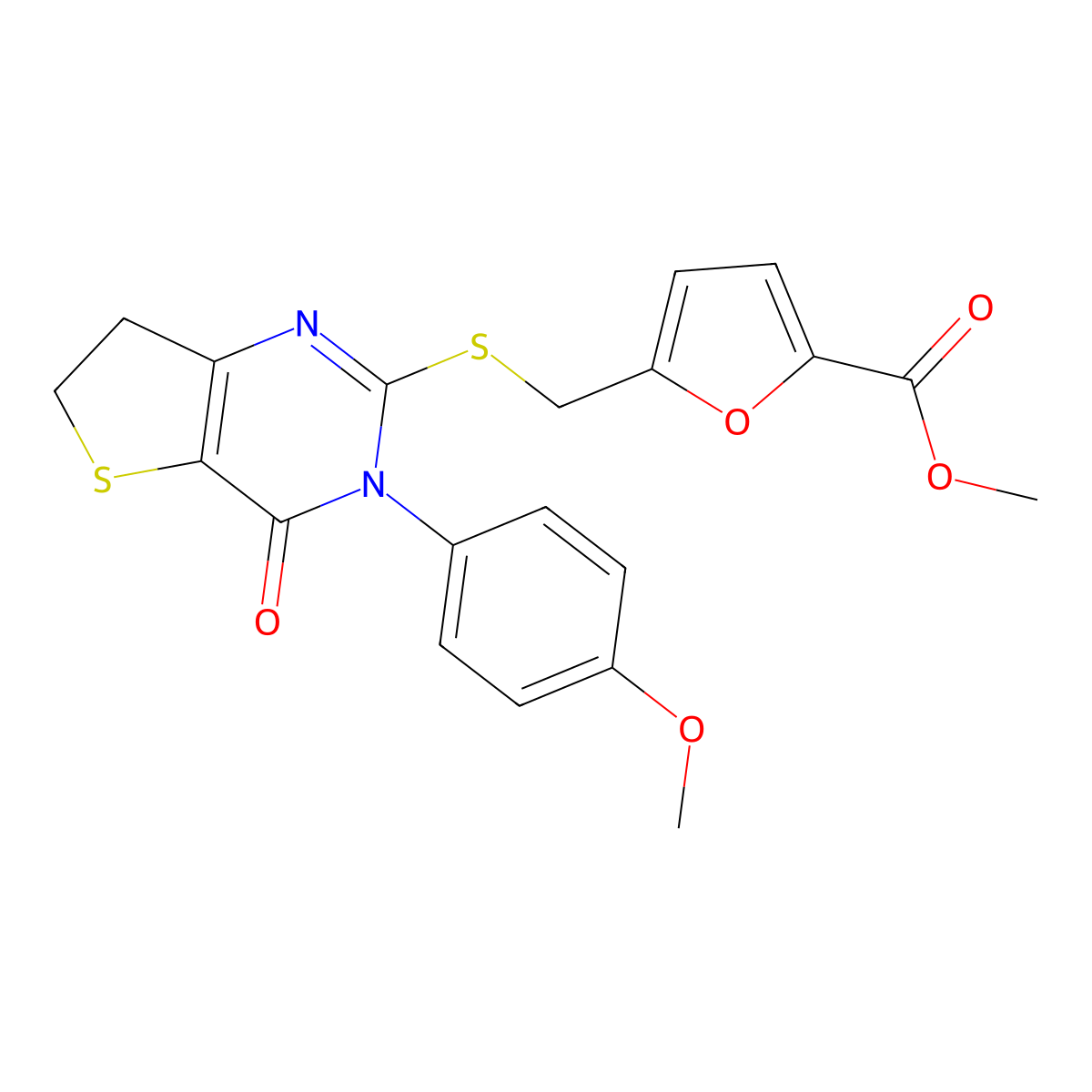 Methyl 5-(((3-(4-methoxyphenyl)-4-oxo-3,4,6,7-tetrahydrothieno[3,2-d]pyrimidin-2-yl)thio)methyl)furan-2-carboxylate molecular structure, CAS 850915-70-7