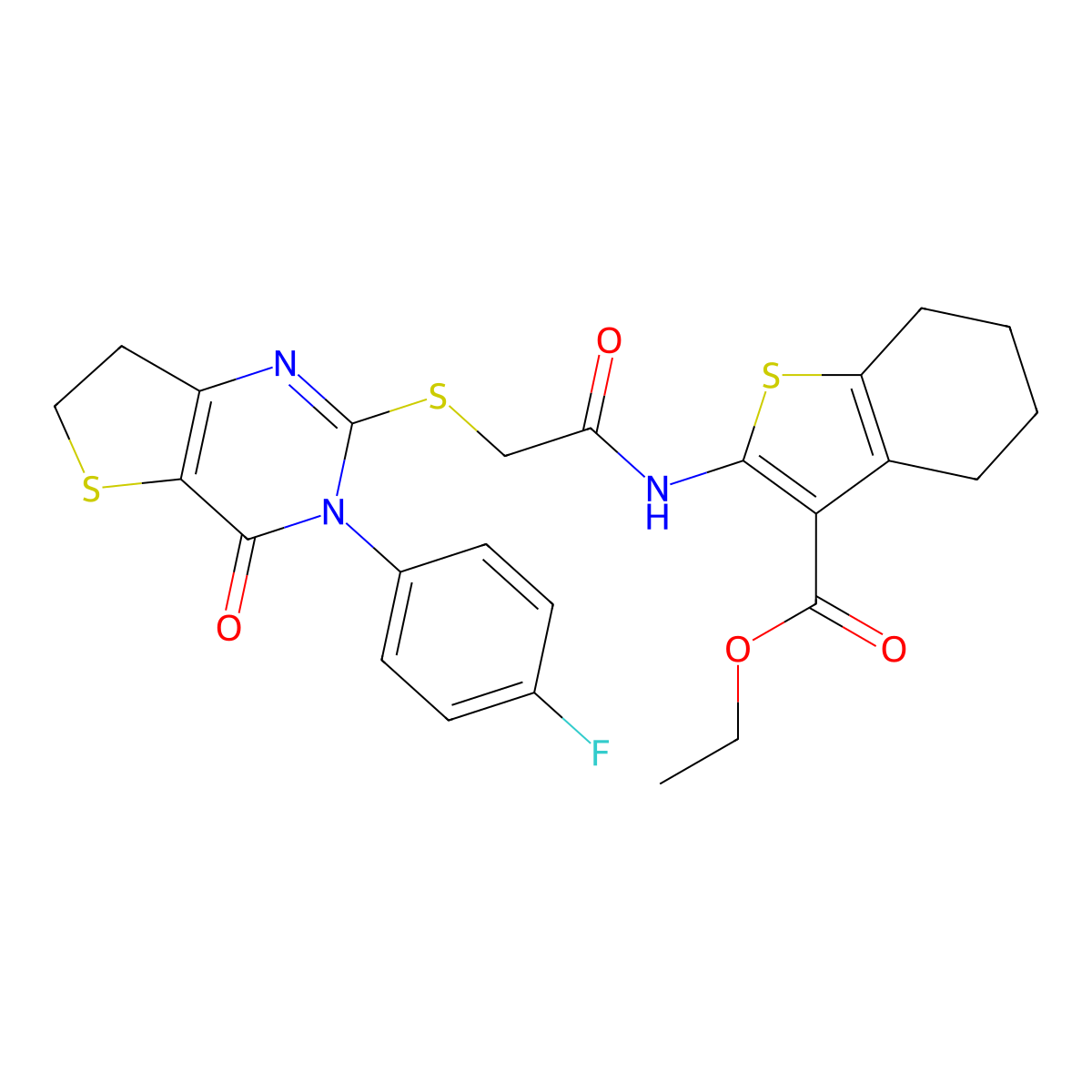 Ethyl 2-[[2-[[3-(4-fluorophenyl)-4-oxo-6,7-dihydrothieno[3,2-d]pyrimidin-2-yl]sulfanyl]acetyl]amino]-4,5,6,7-tetrahydro-1-benzothiophene-3-carboxylate molecular structure, CAS 850915-78-5