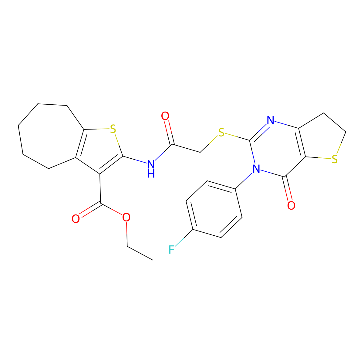 ethyl 2-[[2-[[3-(4-fluorophenyl)-4-oxo-6,7-dihydrothieno[3,2-d]pyrimidin-2-yl]sulfanyl]acetyl]amino]-5,6,7,8-tetrahydro-4H-cyclohepta[b]thiophene-3-carboxylate molecular structure, CAS 850915-79-6