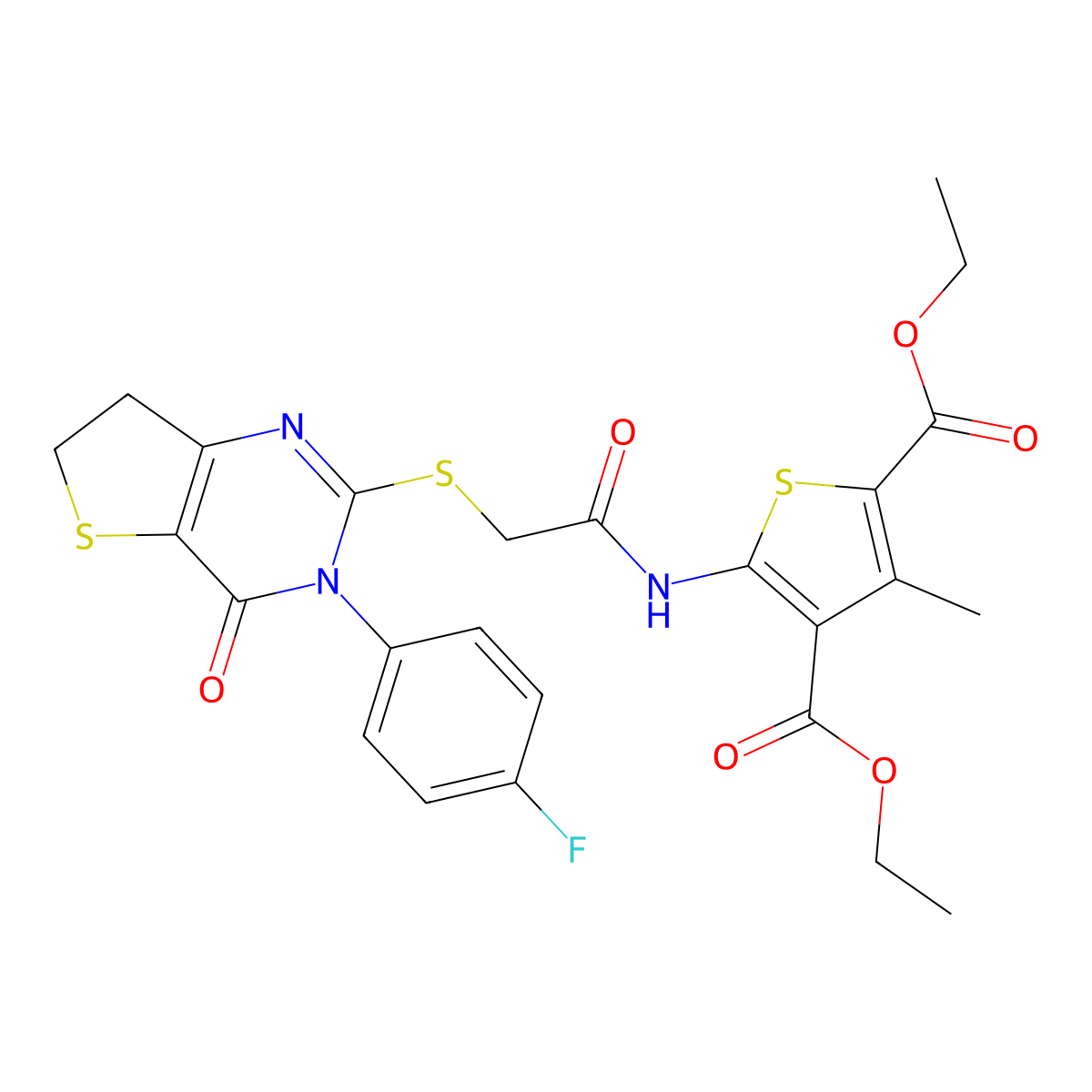 Diethyl 5-(2-((3-(4-fluorophenyl)-4-oxo-3,4,6,7-tetrahydrothieno[3,2-d]pyrimidin-2-yl)thio)acetamido)-3-methylthiophene-2,4-dicarboxylate molecular structure, CAS 850915-80-9