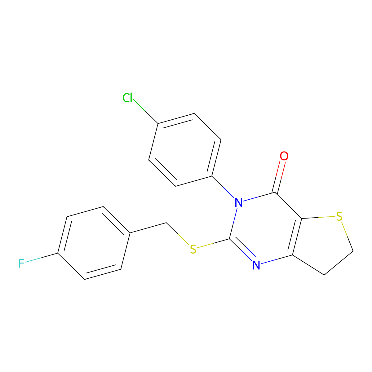 3-(4-Chlorophenyl)-2-[(4-fluorophenyl)methylsulfanyl]-6,7-dihydrothieno[3,2-d]pyrimidin-4-one molecular structure, CAS 850915-87-6