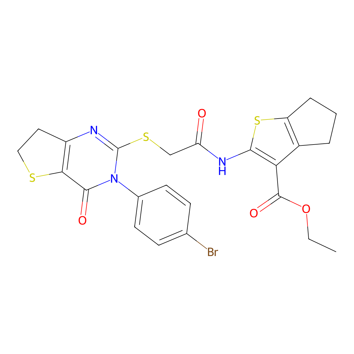 ethyl 2-[[2-[[3-(4-bromophenyl)-4-oxo-6,7-dihydrothieno[3,2-d]pyrimidin-2-yl]sulfanyl]acetyl]amino]-5,6-dihydro-4H-cyclopenta[b]thiophene-3-carboxylate molecular structure, CAS 850915-89-8