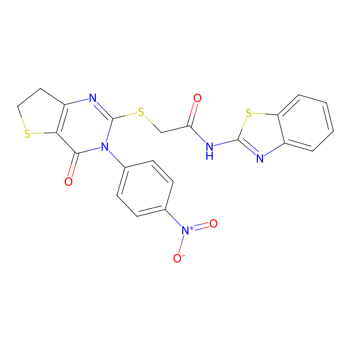 N-(benzo[d]thiazol-2-yl)-2-((3-(4-nitrophenyl)-4-oxo-3,4,6,7-tetrahydrothieno[3,2-d]pyrimidin-2-yl)thio)acetamide molecular structure, CAS 850915-97-8