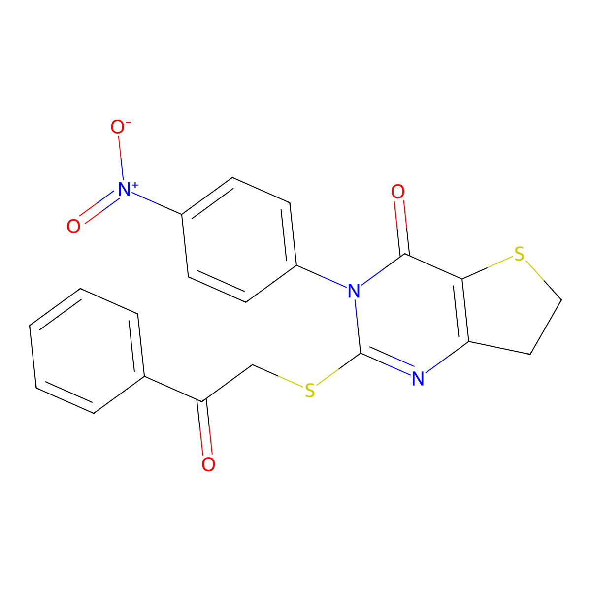 3-(4-Nitrophenyl)-2-phenacylsulfanyl-6,7-dihydrothieno[3,2-d]pyrimidin-4-one molecular structure, CAS 850916-04-0