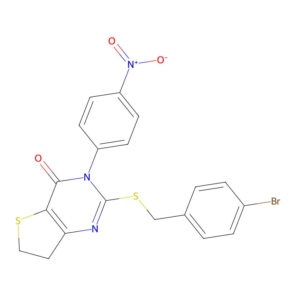 2-[(4-Bromophenyl)methylsulfanyl]-3-(4-nitrophenyl)-6,7-dihydrothieno[3,2-d]pyrimidin-4-one molecular structure, CAS 850916-07-3