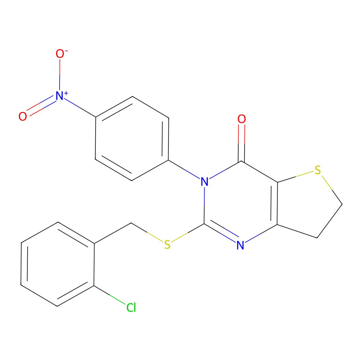 2-[(2-Chlorophenyl)methylsulfanyl]-3-(4-nitrophenyl)-6,7-dihydrothieno[3,2-d]pyrimidin-4-one molecular structure, CAS 850916-08-4
