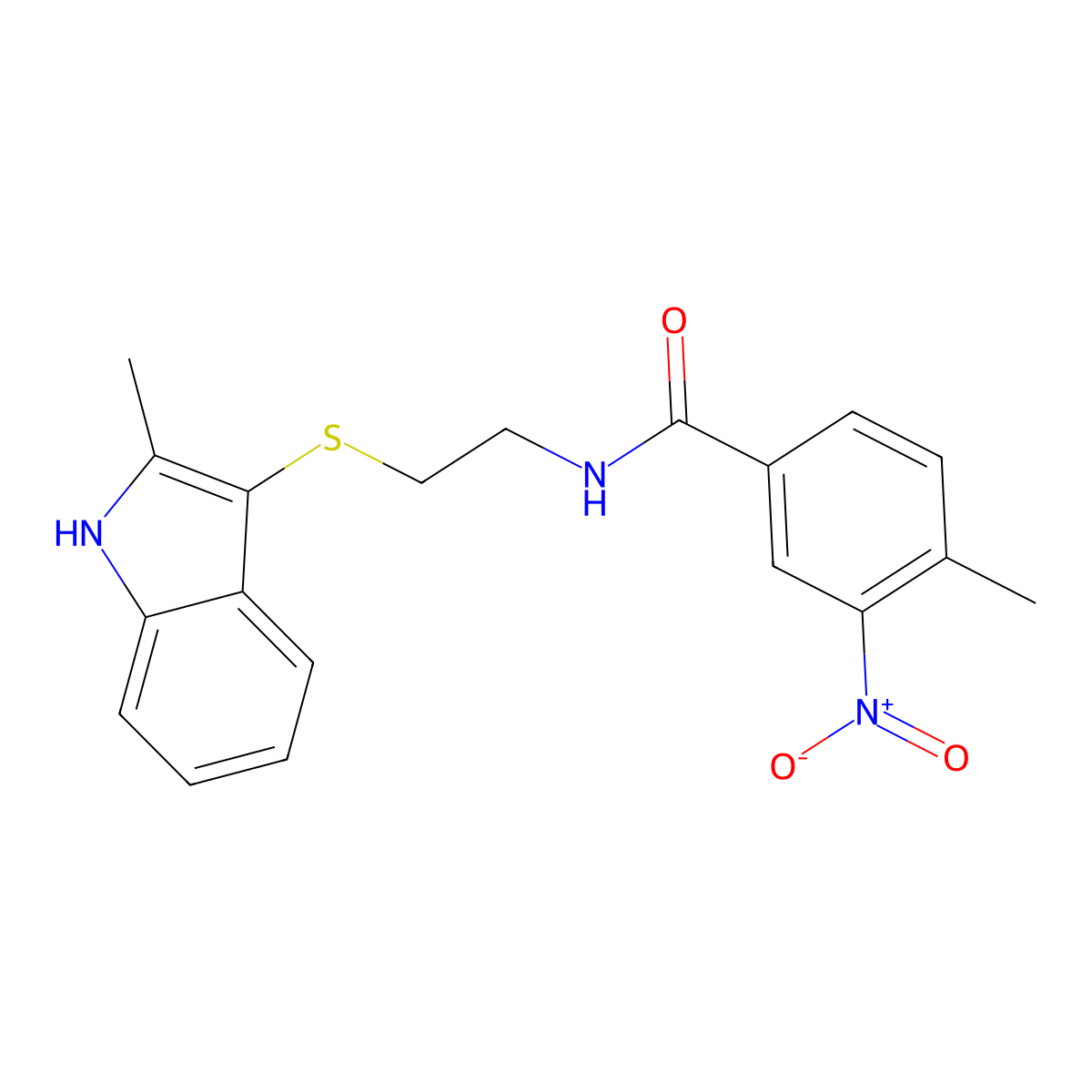 4-methyl-N-(2-((2-methyl-1H-indol-3-yl)thio)ethyl)-3-nitrobenzamide molecular structure, CAS 850916-36-8