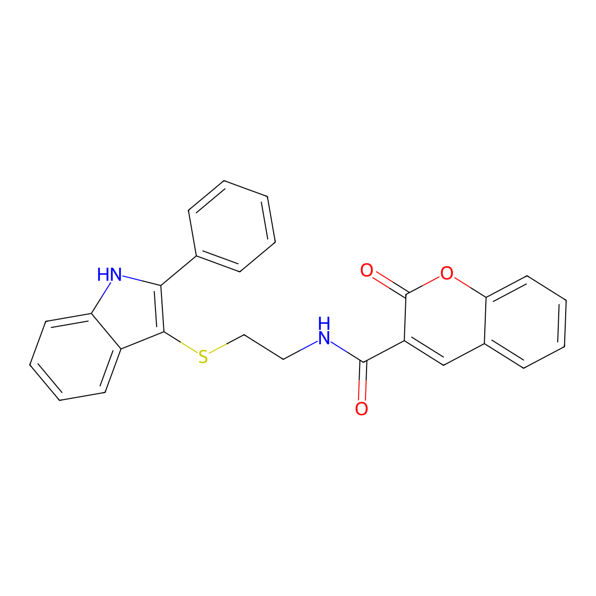 2-oxo-N-[2-[(2-phenyl-1H-indol-3-yl)thio]ethyl]-1-benzopyran-3-carboxamide molecular structure, CAS 850916-49-3