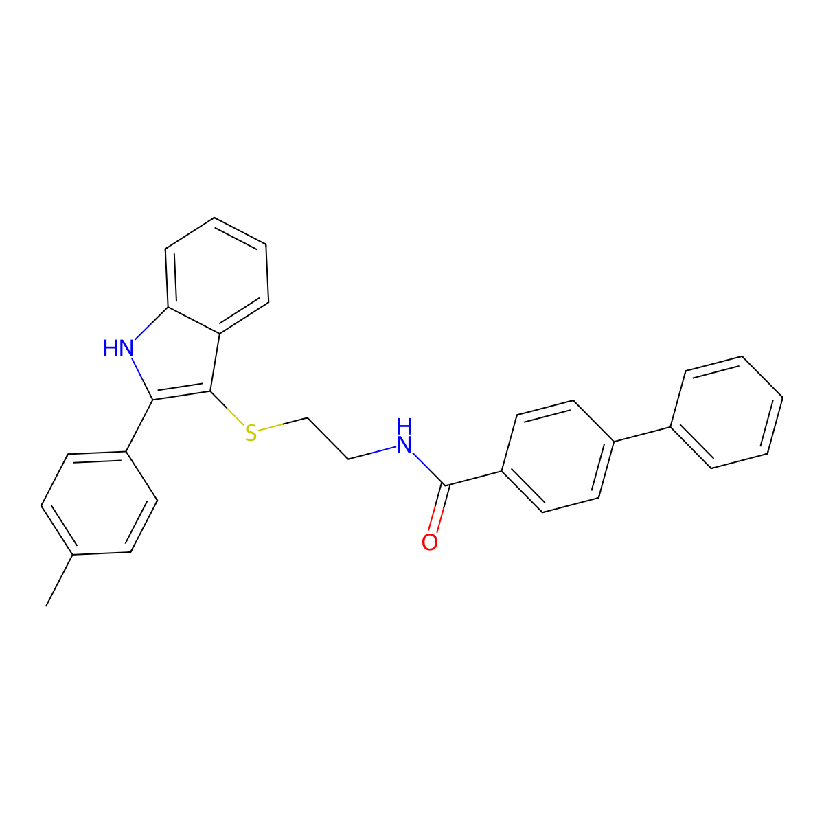 N-(2-((2-(p-tolyl)-1H-indol-3-yl)thio)ethyl)-[1,1'-biphenyl]-4-carboxamide molecular structure, CAS 850917-19-0