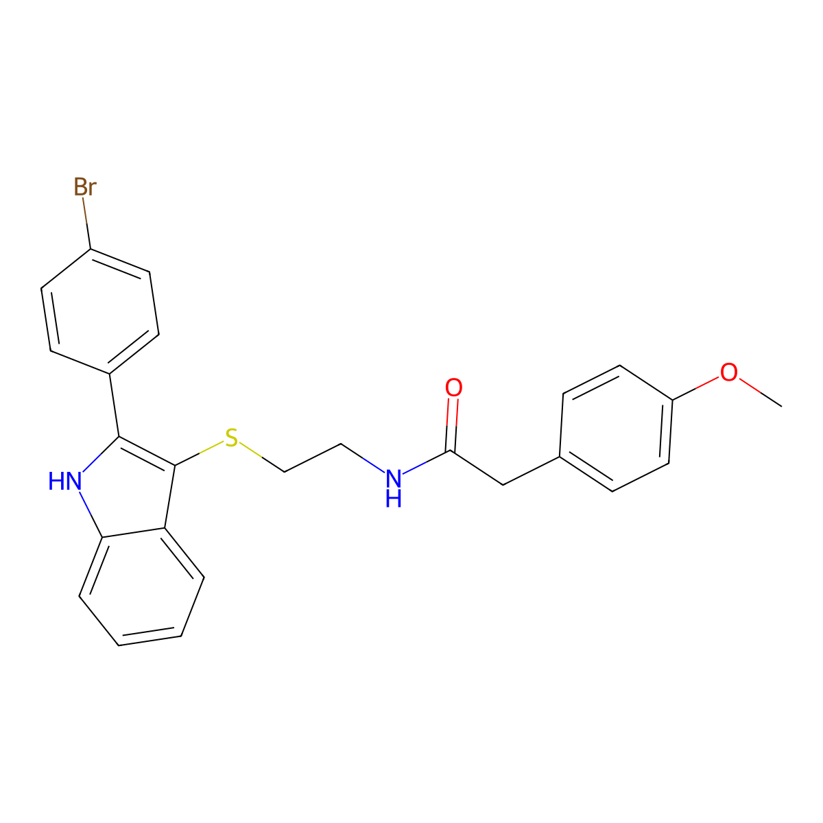 N-(2-((2-(4-bromophenyl)-1H-indol-3-yl)thio)ethyl)-2-(4-methoxyphenyl)acetamide molecular structure, CAS 850917-30-5