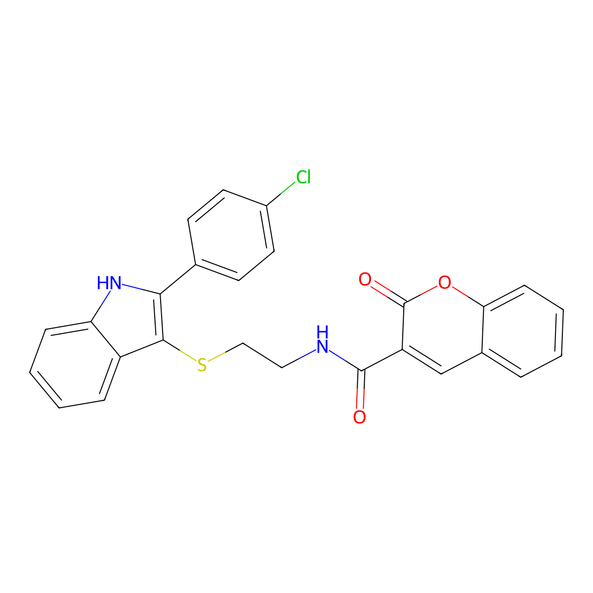 N-(2-((2-(4-chlorophenyl)-1H-indol-3-yl)thio)ethyl)-2-oxo-2H-chromene-3-carboxamide molecular structure, CAS 850917-49-6