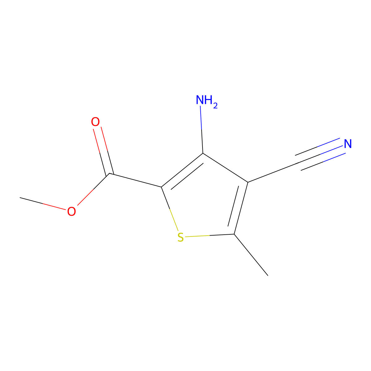 Methyl 3-amino-4-cyano-5-methylthiophene-2-carboxylate molecular structure, CAS 85092-72-4