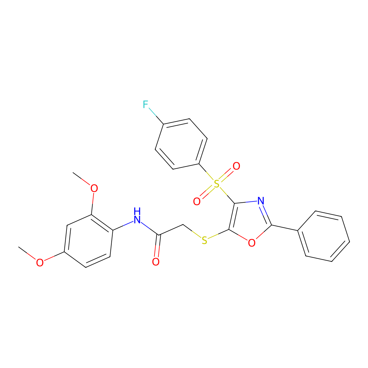 N-(2,4-dimethoxyphenyl)-2-((4-((4-fluorophenyl)sulfonyl)-2-phenyloxazol-5-yl)thio)acetamide molecular structure, CAS 850926-01-1