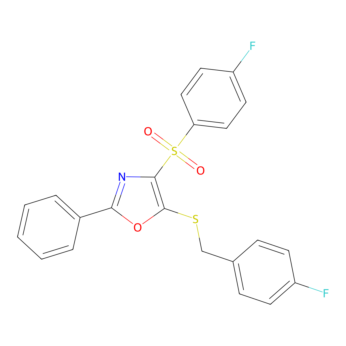 5-((4-Fluorobenzyl)thio)-4-((4-fluorophenyl)sulfonyl)-2-phenyloxazole molecular structure, CAS 850926-09-9