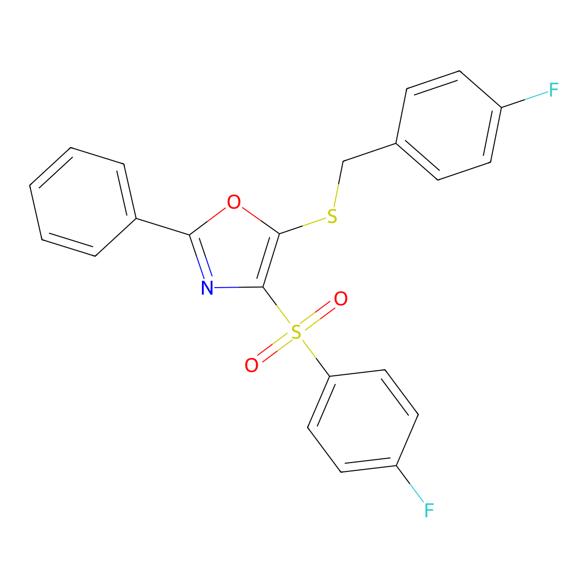 5-((4-Fluorobenzyl)thio)-4-((4-fluorophenyl)sulfonyl)-2-phenyloxazole molecular structure, CAS 850926-09-9