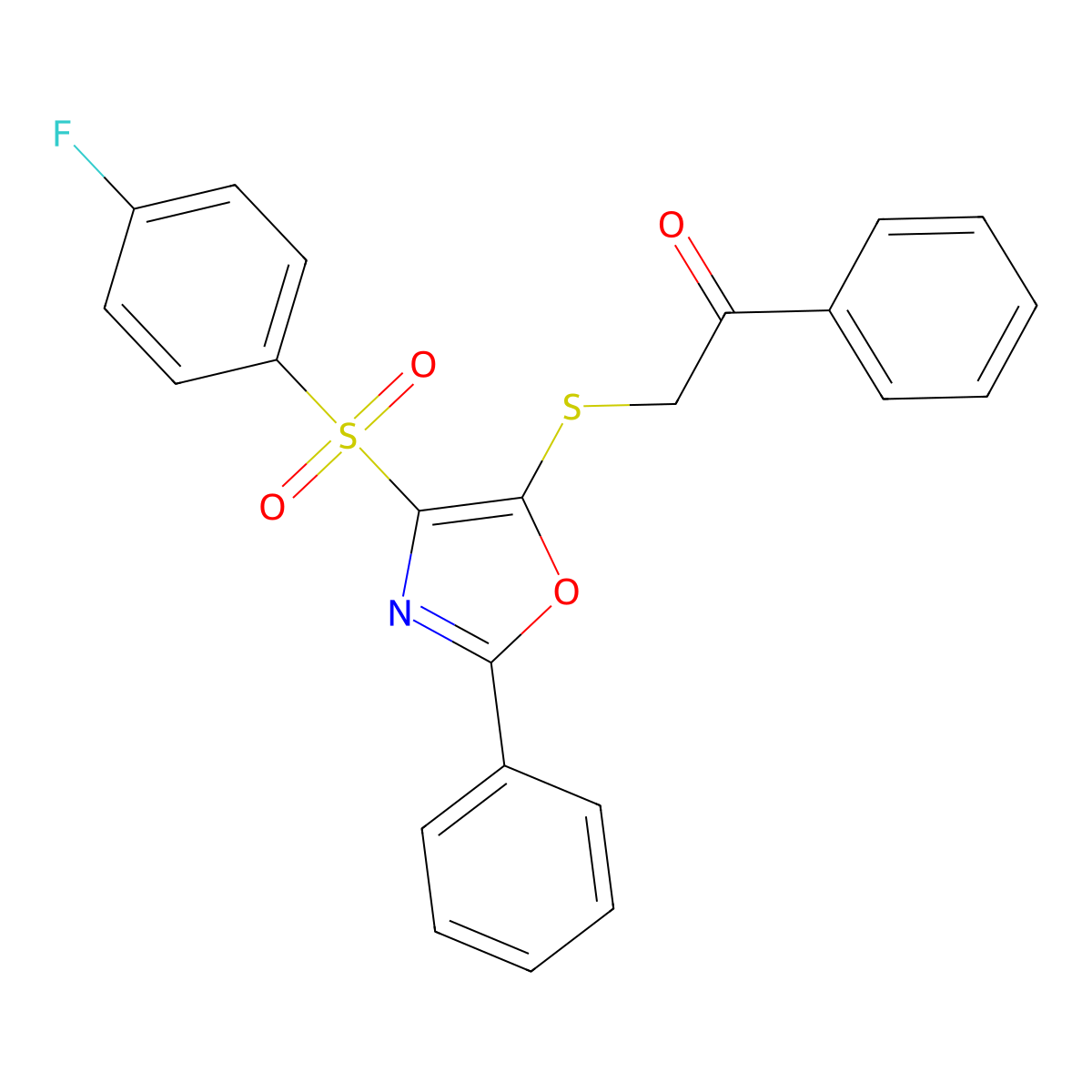 2-((4-((4-Fluorophenyl)sulfonyl)-2-phenyloxazol-5-yl)thio)-1-phenylethanone molecular structure, CAS 850926-11-3