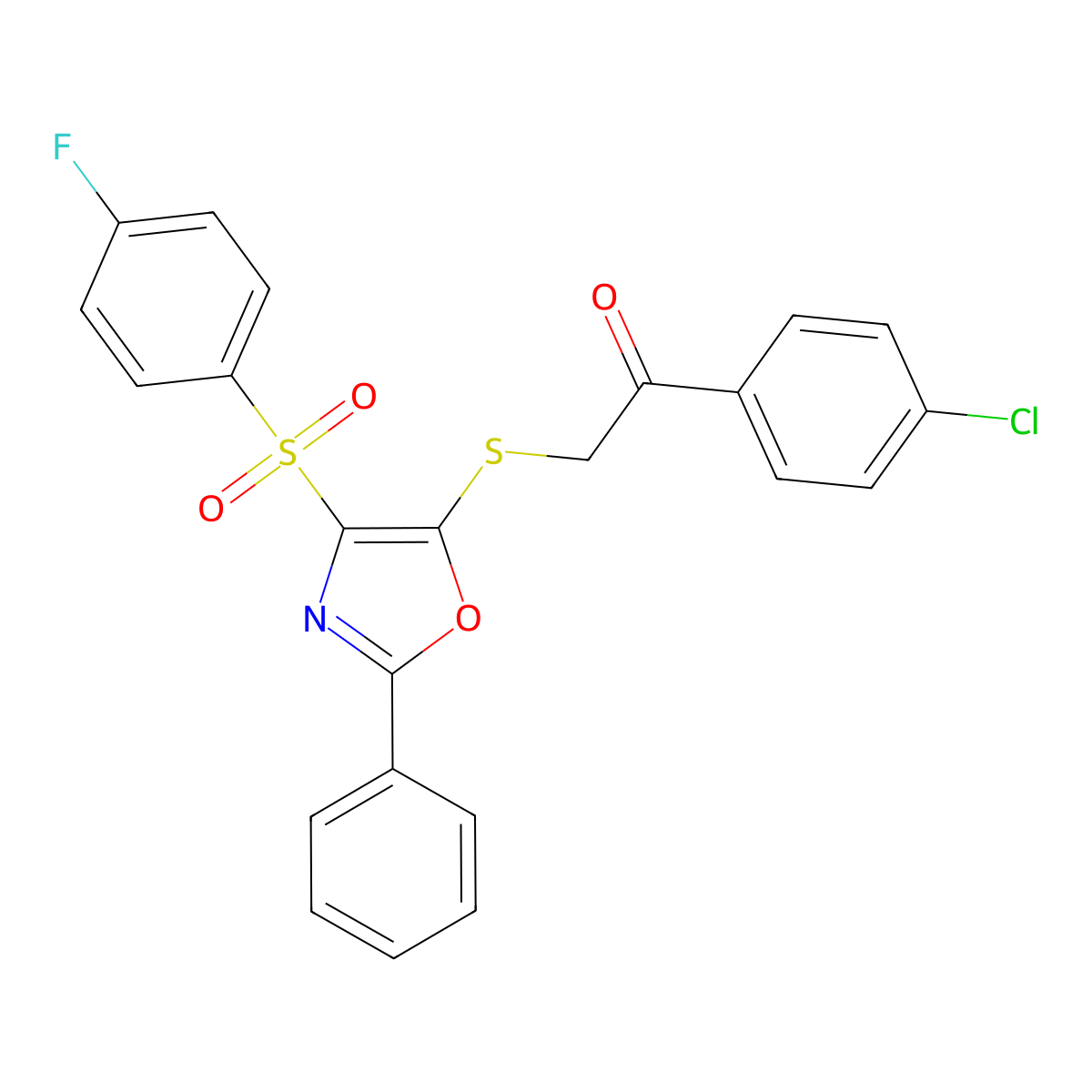 1-(4-Chlorophenyl)-2-((4-((4-fluorophenyl)sulfonyl)-2-phenyloxazol-5-yl)thio)ethanone molecular structure, CAS 850926-12-4