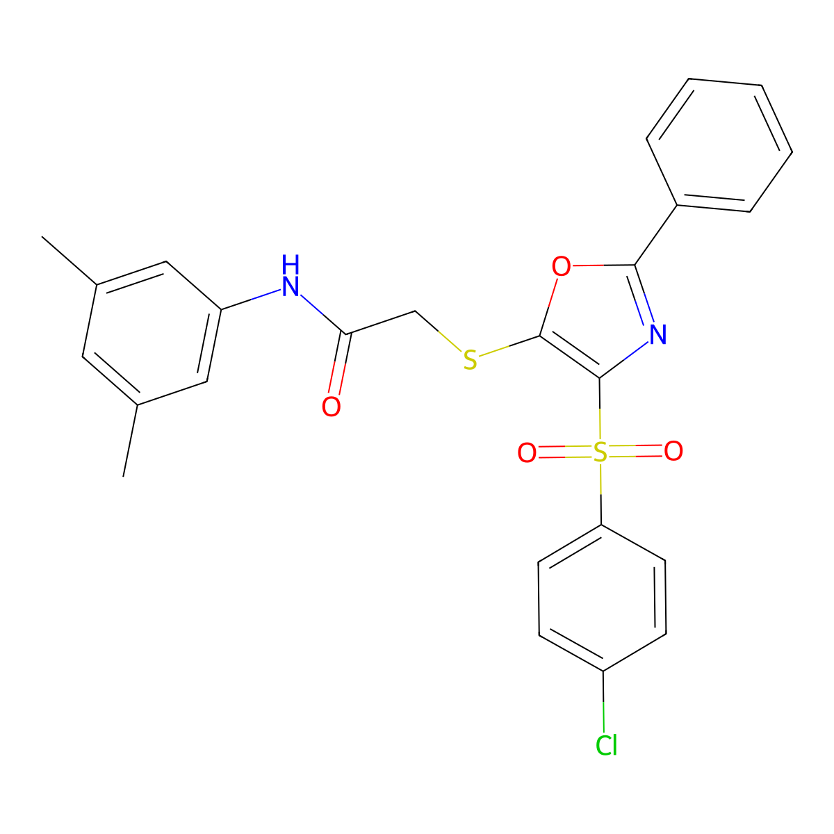 2-((4-((4-chlorophenyl)sulfonyl)-2-phenyloxazol-5-yl)thio)-N-(3,5-dimethylphenyl)acetamide molecular structure, CAS 850926-17-9