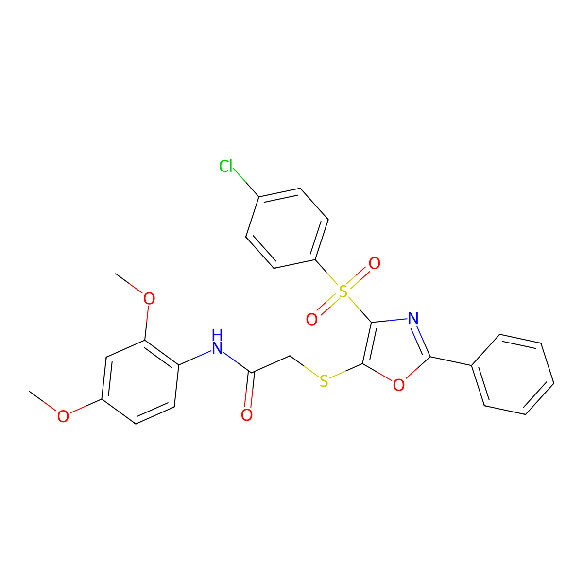 2-((4-((4-chlorophenyl)sulfonyl)-2-phenyloxazol-5-yl)thio)-N-(2,4-dimethoxyphenyl)acetamide molecular structure, CAS 850926-18-0