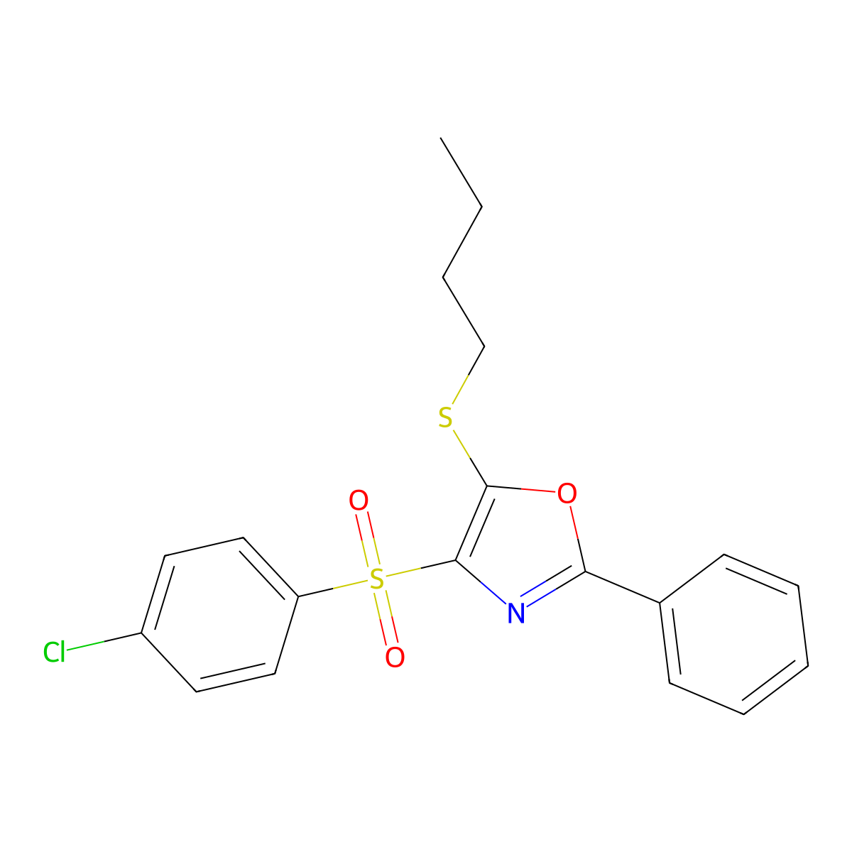 5-Butylsulfanyl-4-(4-chlorophenyl)sulfonyl-2-phenyl-1,3-oxazole molecular structure, CAS 850926-26-0