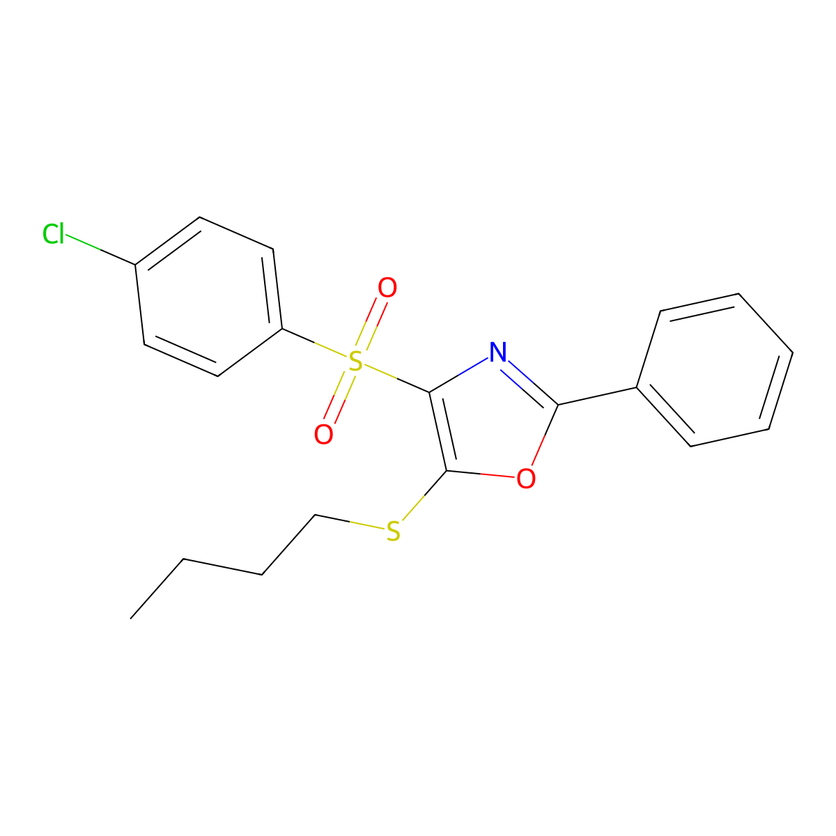 5-Butylsulfanyl-4-(4-chlorophenyl)sulfonyl-2-phenyl-1,3-oxazole molecular structure, CAS 850926-26-0