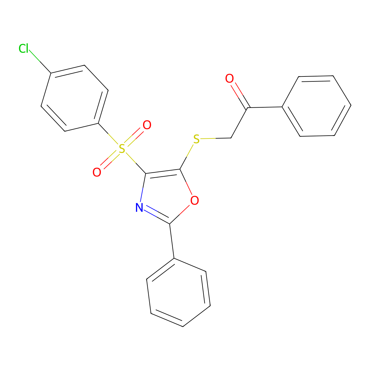2-((4-((4-Chlorophenyl)sulfonyl)-2-phenyloxazol-5-yl)thio)-1-phenylethanone molecular structure, CAS 850926-28-2