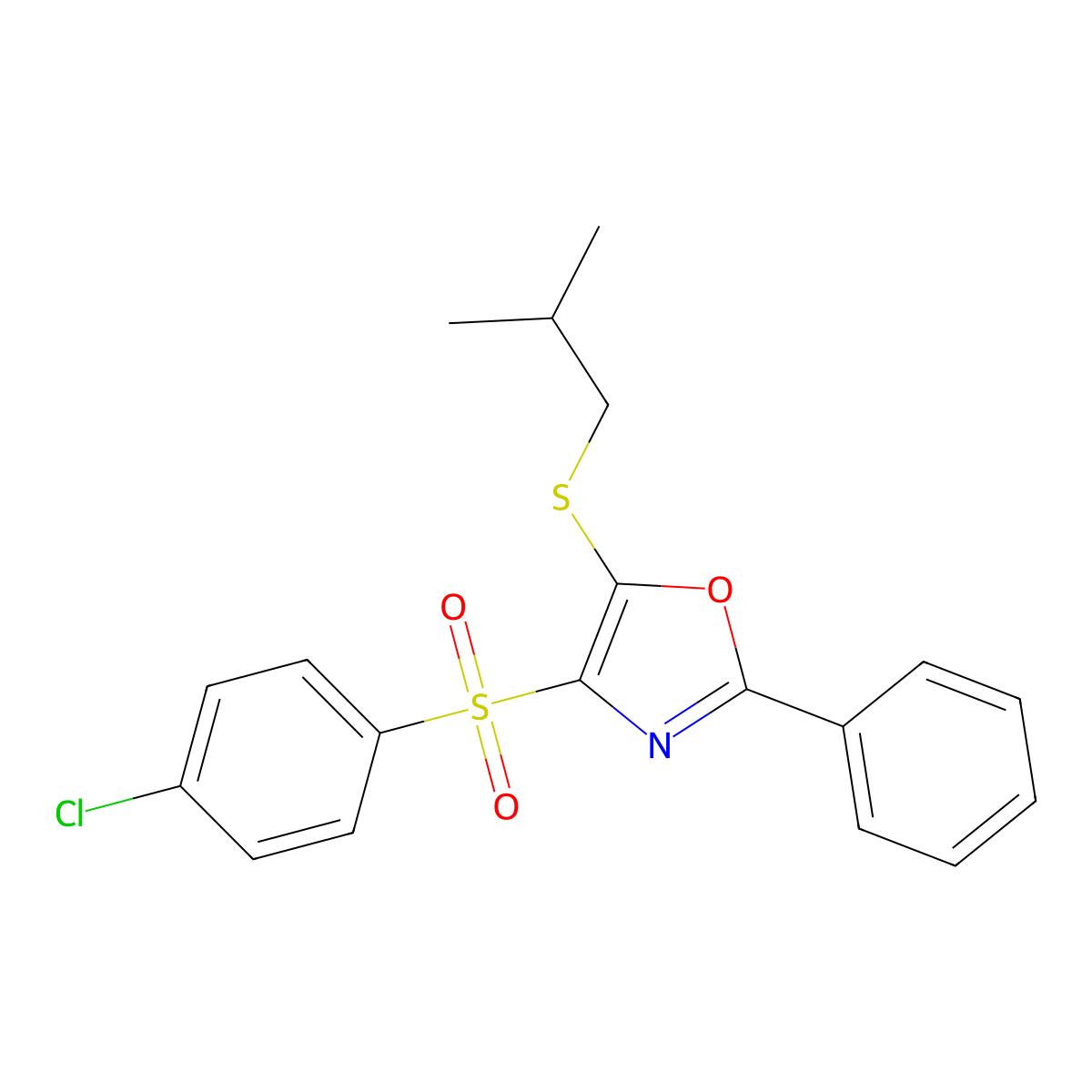 4-((4-Chlorophenyl)sulfonyl)-5-(isobutylthio)-2-phenyloxazole molecular structure, CAS 850926-29-3