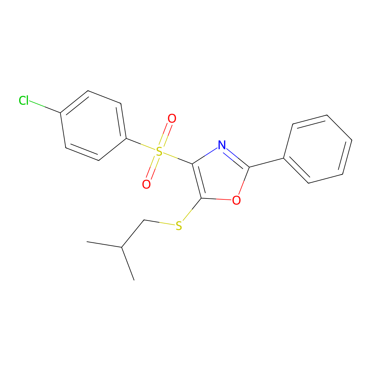4-((4-Chlorophenyl)sulfonyl)-5-(isobutylthio)-2-phenyloxazole molecular structure, CAS 850926-29-3