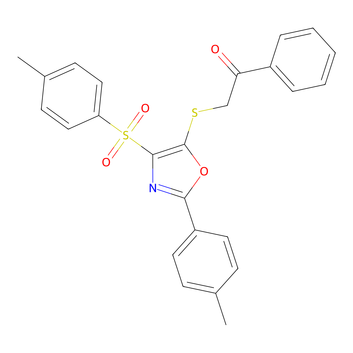1-Phenyl-2-((2-(p-tolyl)-4-tosyloxazol-5-yl)thio)ethanone molecular structure, CAS 850926-59-9