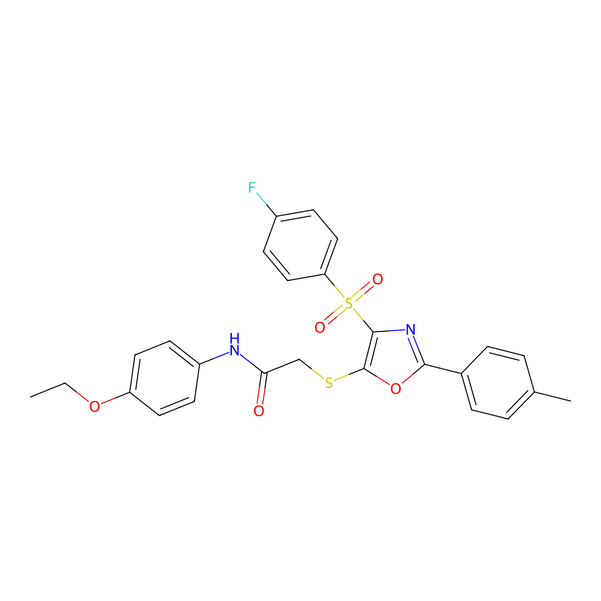 N-(4-ethoxyphenyl)-2-((4-((4-fluorophenyl)sulfonyl)-2-(p-tolyl)oxazol-5-yl)thio)acetamide molecular structure, CAS 850926-62-4