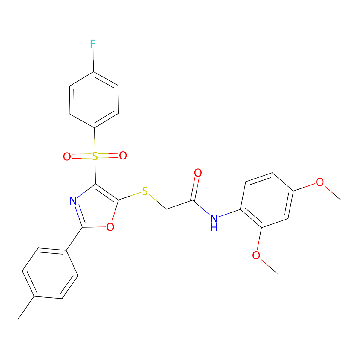 N-(2,4-dimethoxyphenyl)-2-((4-((4-fluorophenyl)sulfonyl)-2-(p-tolyl)oxazol-5-yl)thio)acetamide molecular structure, CAS 850926-64-6
