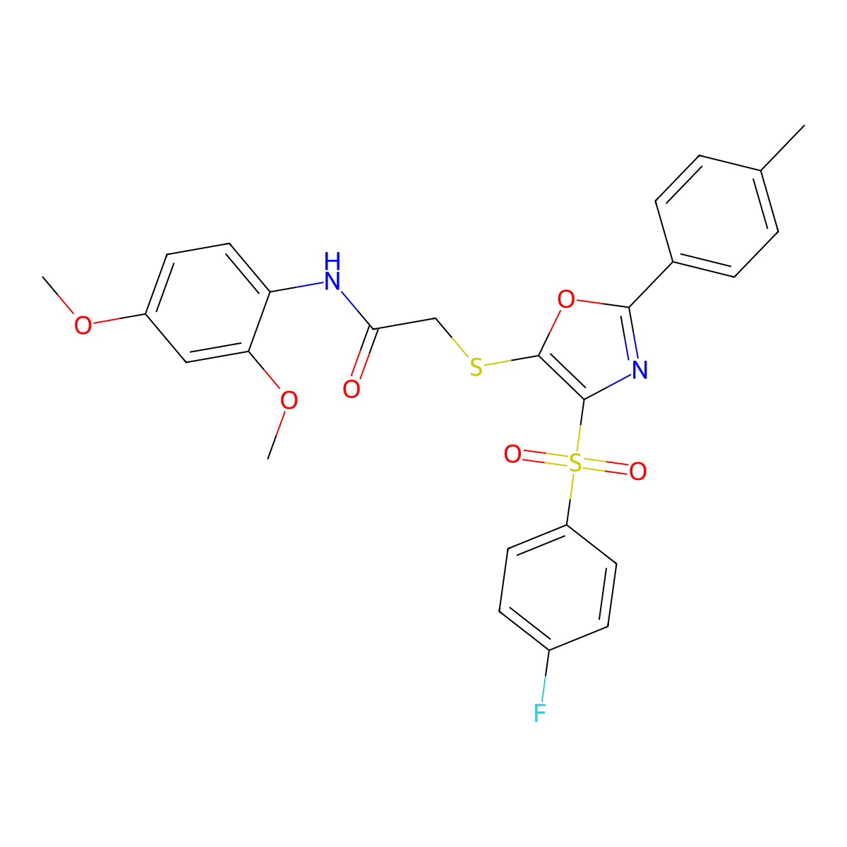N-(2,4-dimethoxyphenyl)-2-((4-((4-fluorophenyl)sulfonyl)-2-(p-tolyl)oxazol-5-yl)thio)acetamide molecular structure, CAS 850926-64-6