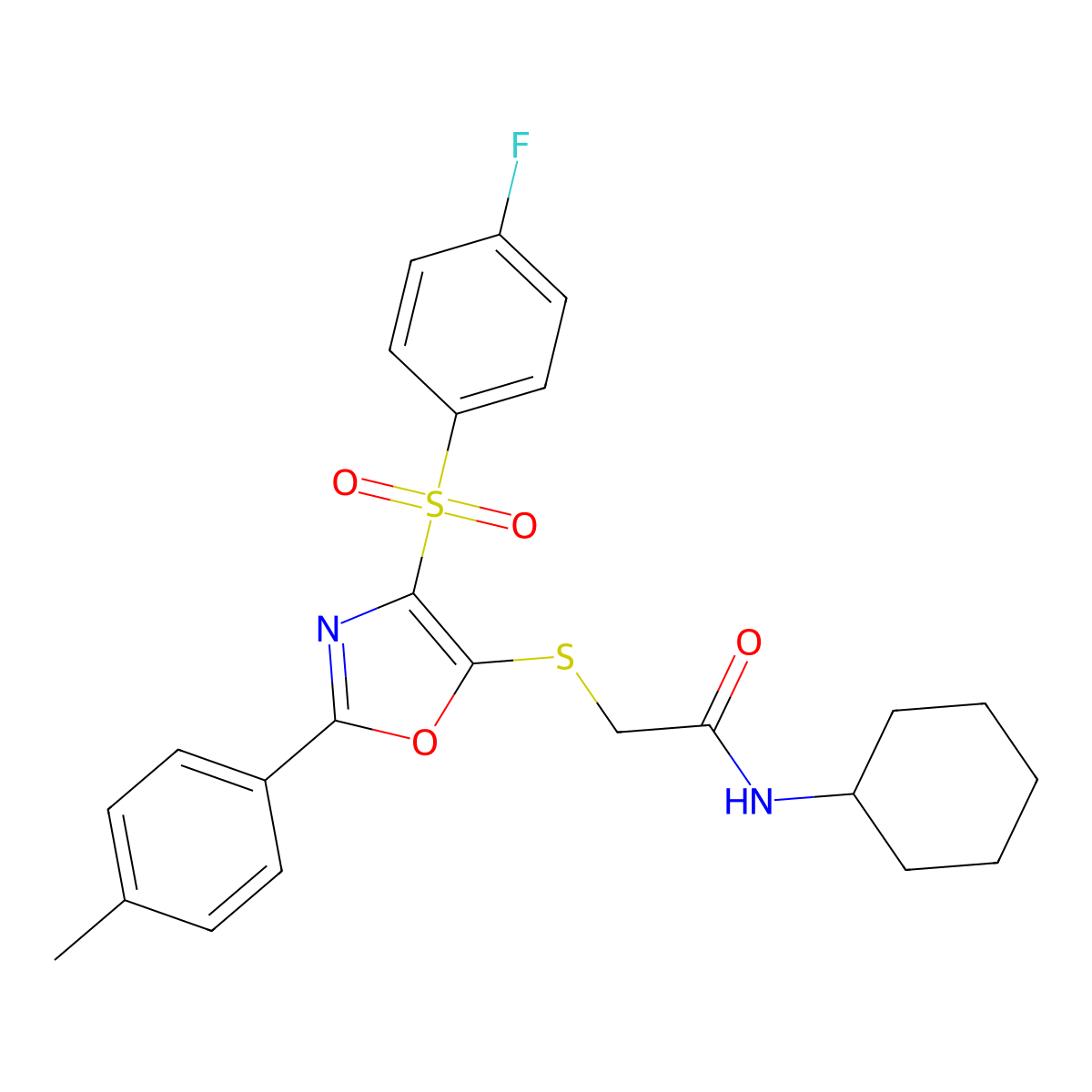 N-cyclohexyl-2-((4-((4-fluorophenyl)sulfonyl)-2-(p-tolyl)oxazol-5-yl)thio)acetamide molecular structure, CAS 850926-65-7