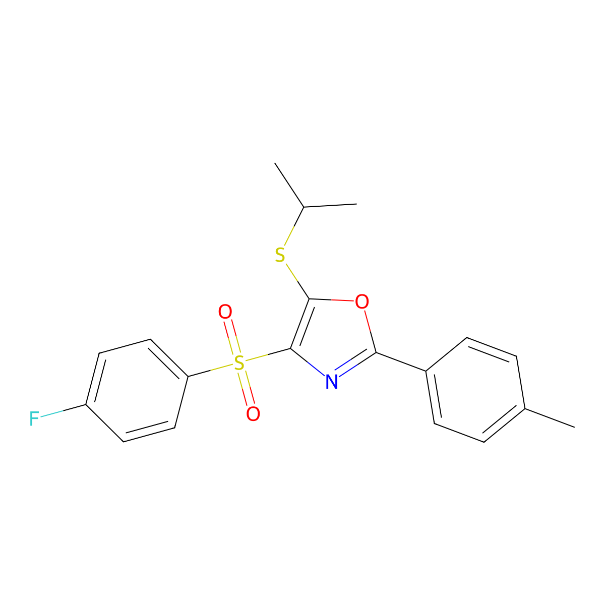 4-((4-Fluorophenyl)sulfonyl)-5-(isopropylthio)-2-(p-tolyl)oxazole molecular structure, CAS 850926-70-4