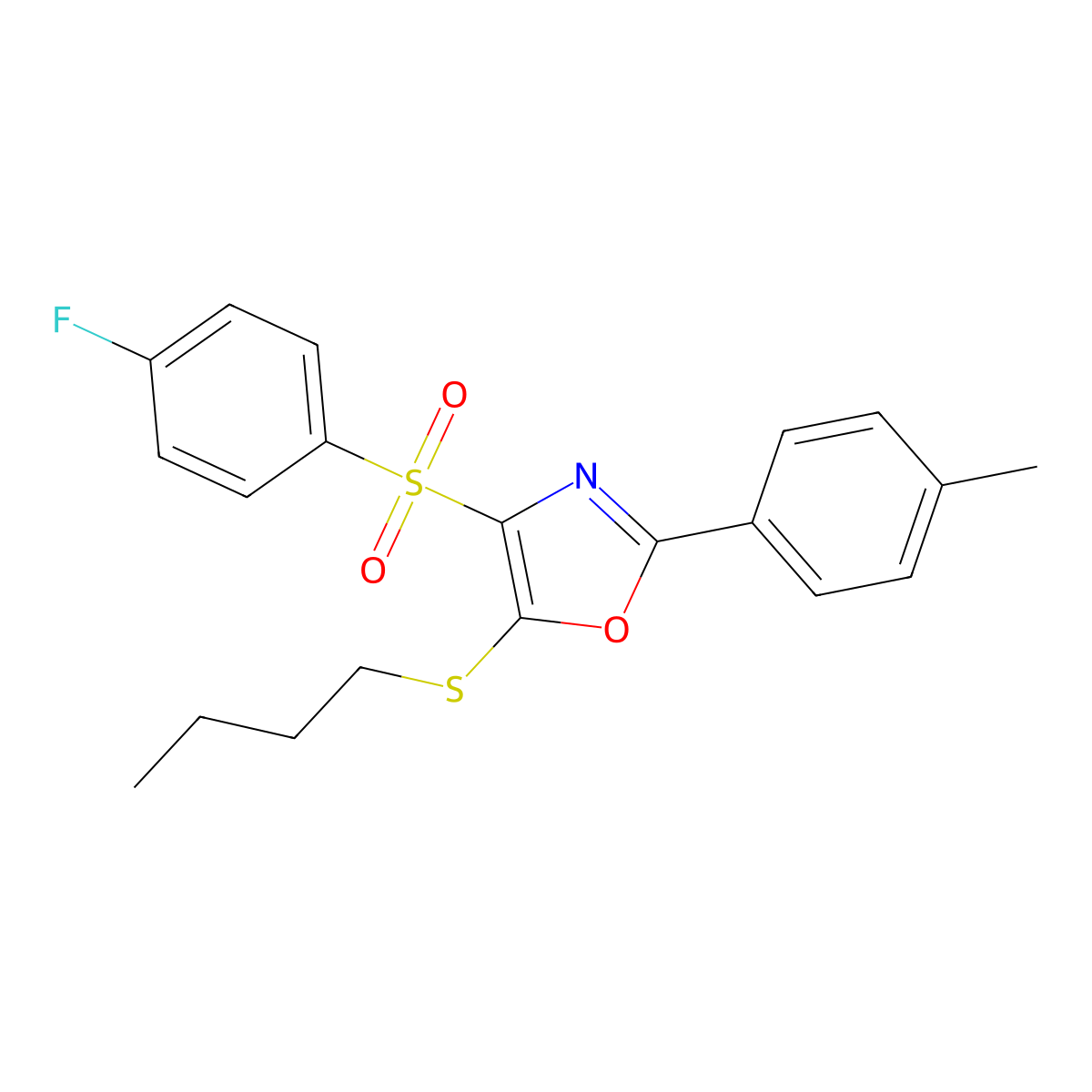 5-(Butylthio)-4-((4-fluorophenyl)sulfonyl)-2-(p-tolyl)oxazole molecular structure, CAS 850926-71-5