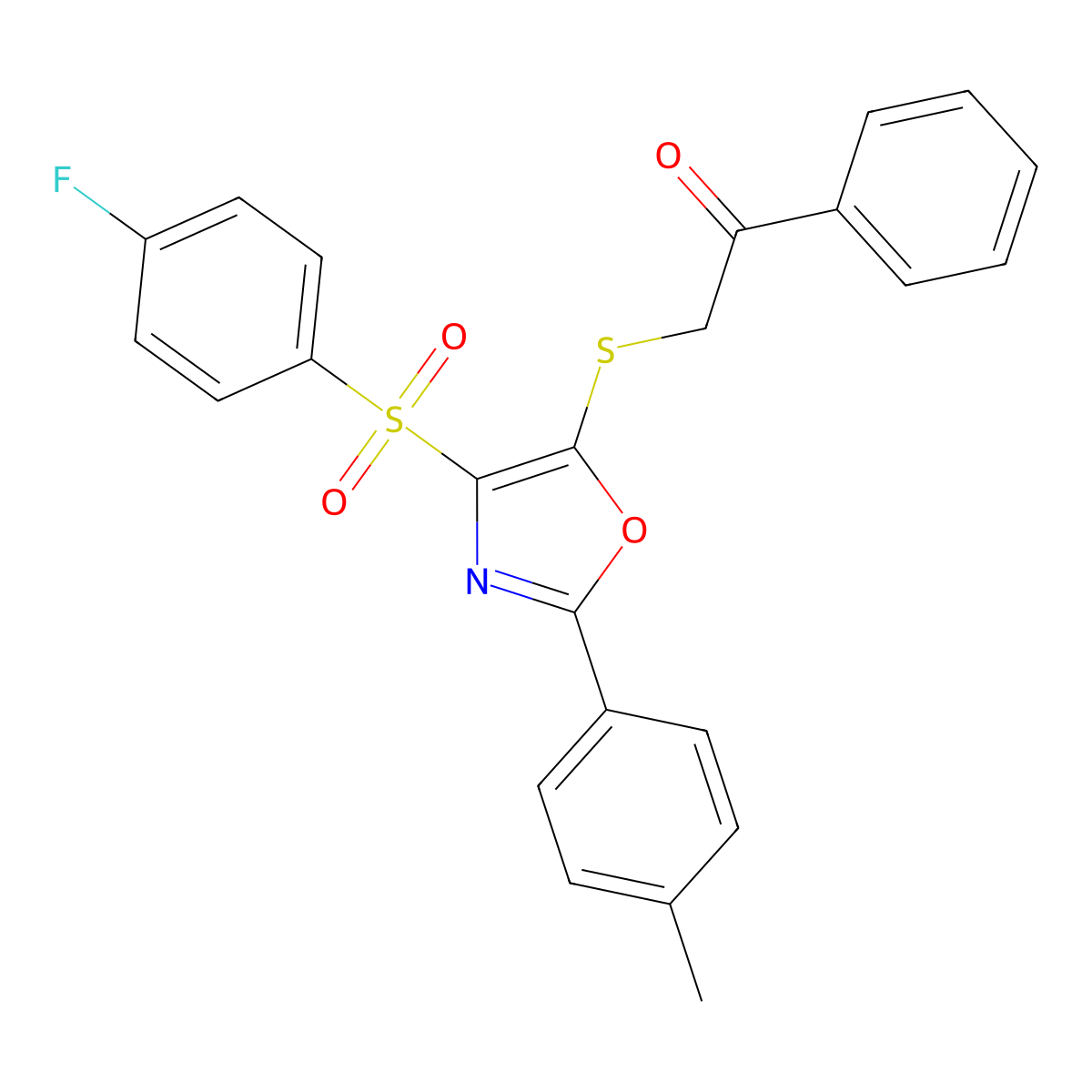 2-((4-((4-Fluorophenyl)sulfonyl)-2-(p-tolyl)oxazol-5-yl)thio)-1-phenylethanone molecular structure, CAS 850926-73-7