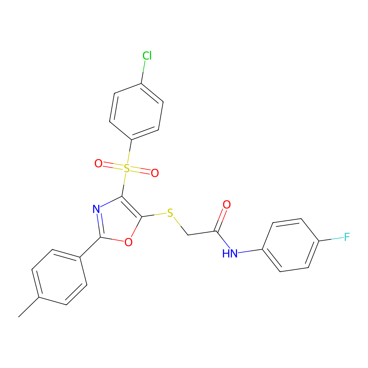 2-((4-((4-chlorophenyl)sulfonyl)-2-(p-tolyl)oxazol-5-yl)thio)-N-(4-fluorophenyl)acetamide molecular structure, CAS 850926-75-9