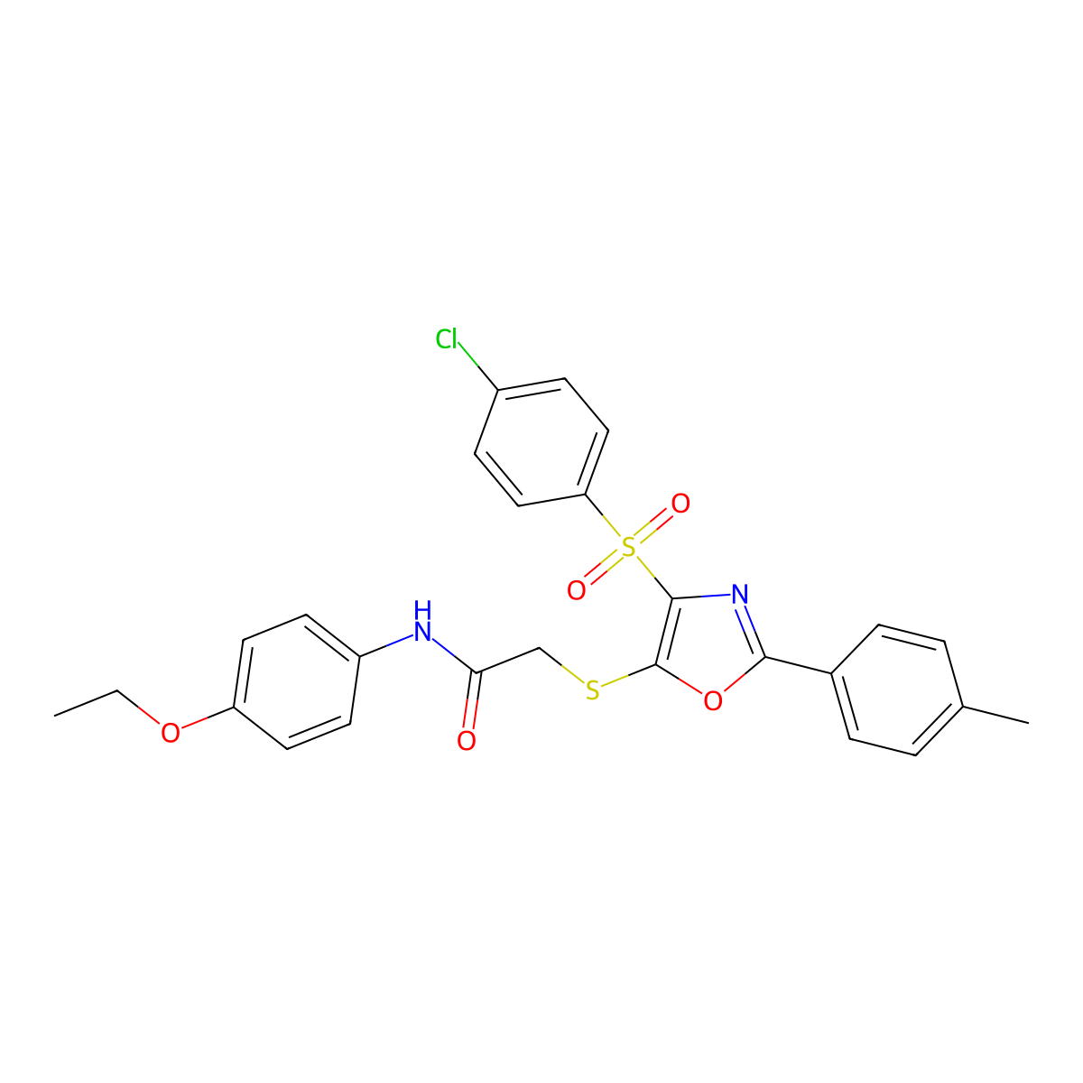 2-((4-((4-chlorophenyl)sulfonyl)-2-(p-tolyl)oxazol-5-yl)thio)-N-(4-ethoxyphenyl)acetamide molecular structure, CAS 850926-76-0