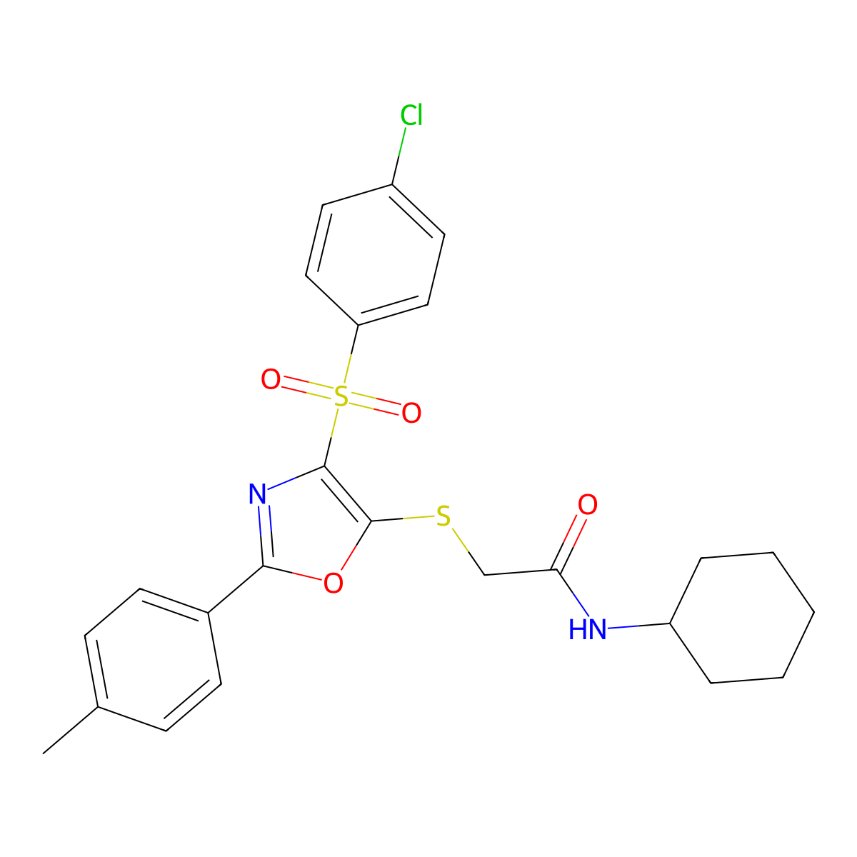 2-((4-((4-chlorophenyl)sulfonyl)-2-(p-tolyl)oxazol-5-yl)thio)-N-cyclohexylacetamide molecular structure, CAS 850926-79-3
