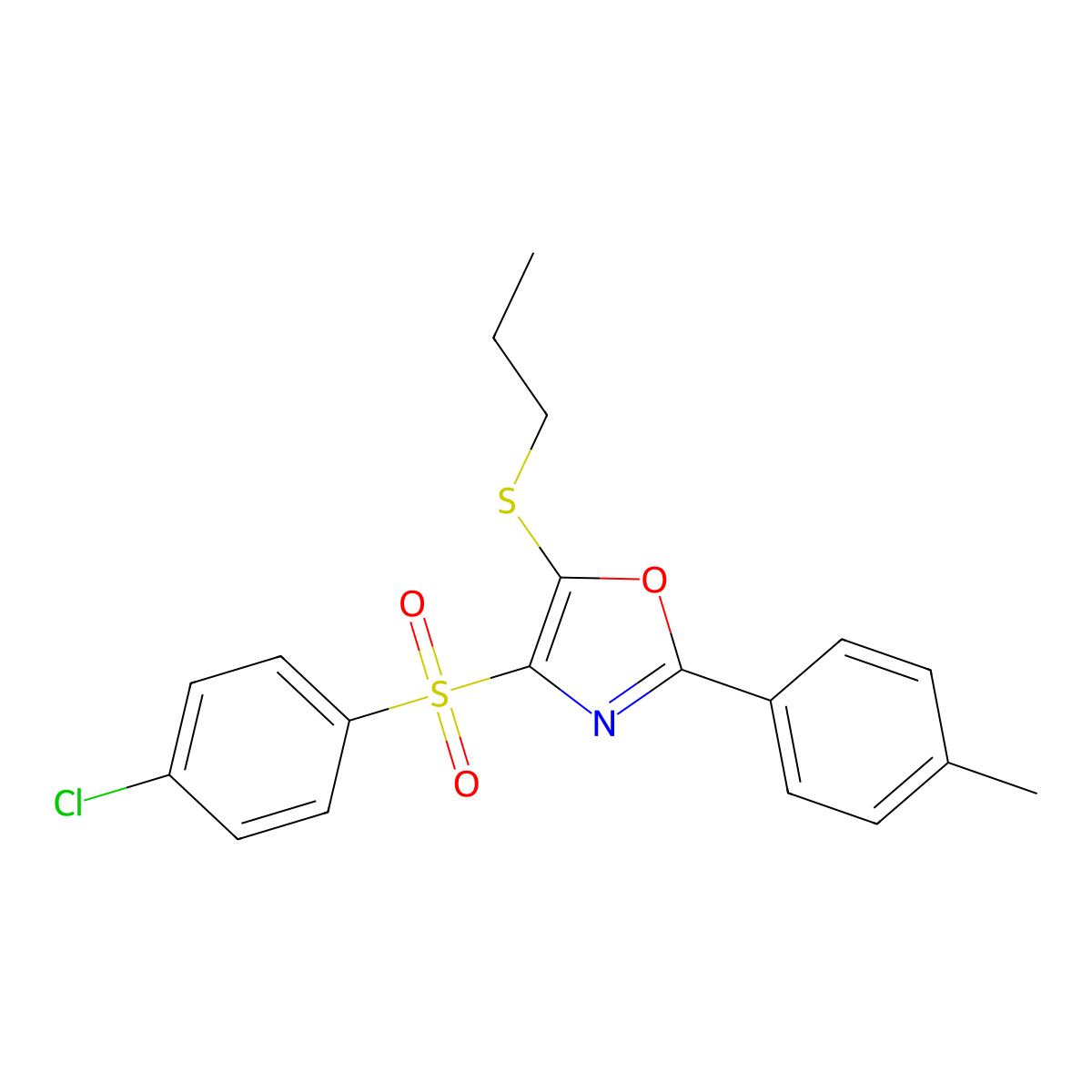 4-((4-Chlorophenyl)sulfonyl)-5-(propylthio)-2-(p-tolyl)oxazole molecular structure, CAS 850926-84-0