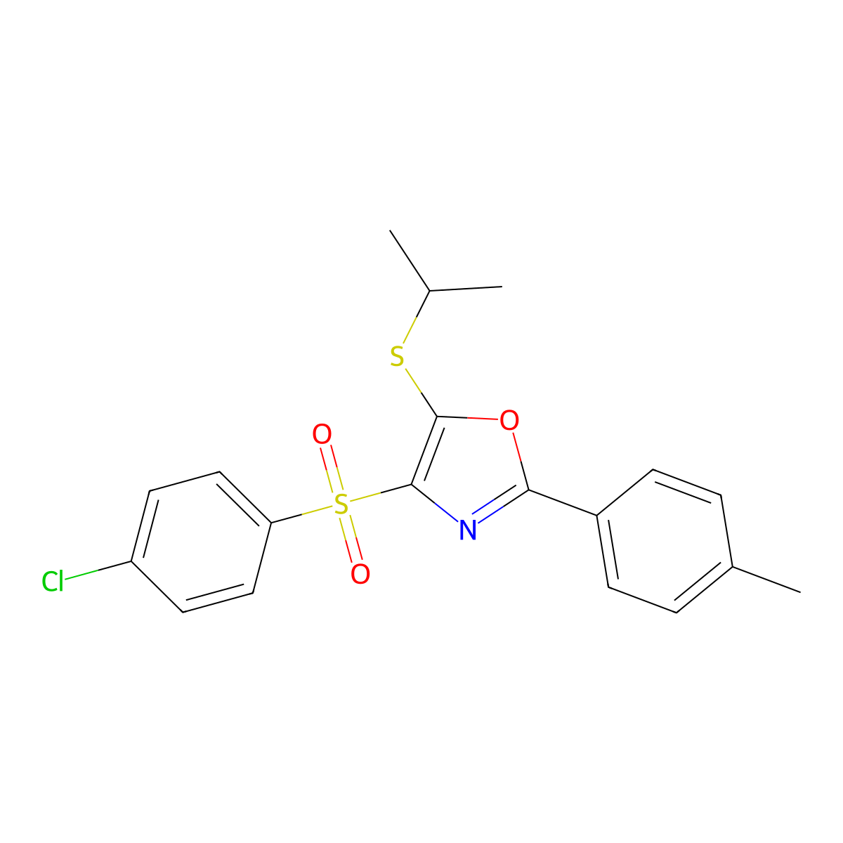 4-((4-Chlorophenyl)sulfonyl)-5-(isopropylthio)-2-(p-tolyl)oxazole molecular structure, CAS 850926-85-1