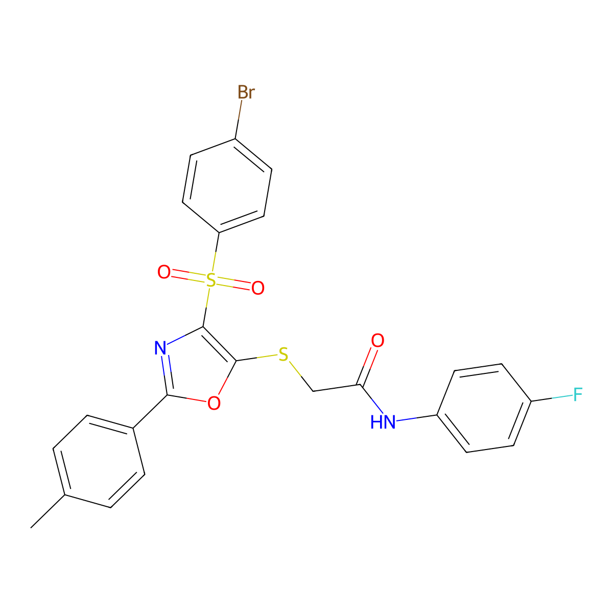 2-((4-((4-bromophenyl)sulfonyl)-2-(p-tolyl)oxazol-5-yl)thio)-N-(4-fluorophenyl)acetamide molecular structure, CAS 850926-87-3
