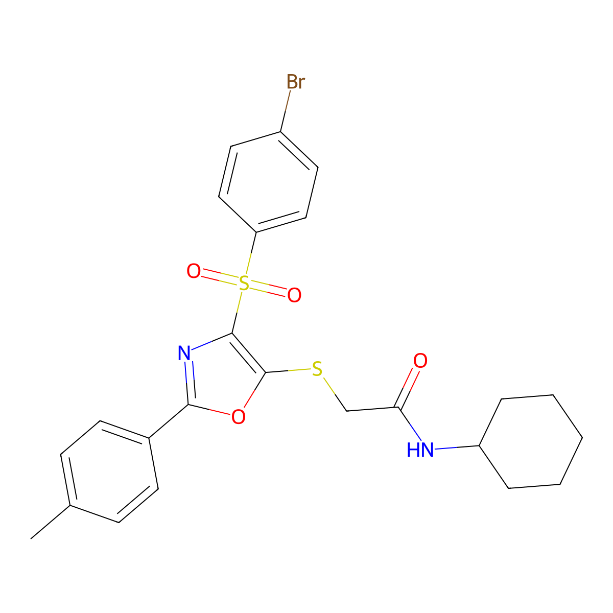 2-((4-((4-bromophenyl)sulfonyl)-2-(p-tolyl)oxazol-5-yl)thio)-N-cyclohexylacetamide molecular structure, CAS 850926-90-8