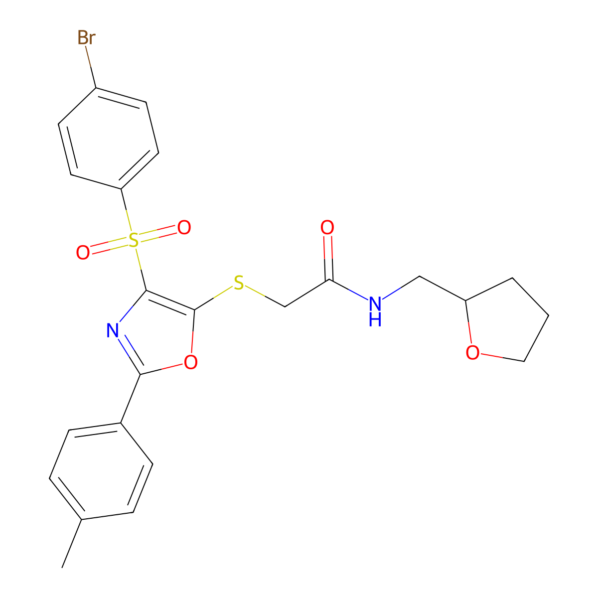 2-((4-((4-bromophenyl)sulfonyl)-2-(p-tolyl)oxazol-5-yl)thio)-N-((tetrahydrofuran-2-yl)methyl)acetamide molecular structure, CAS 850926-91-9