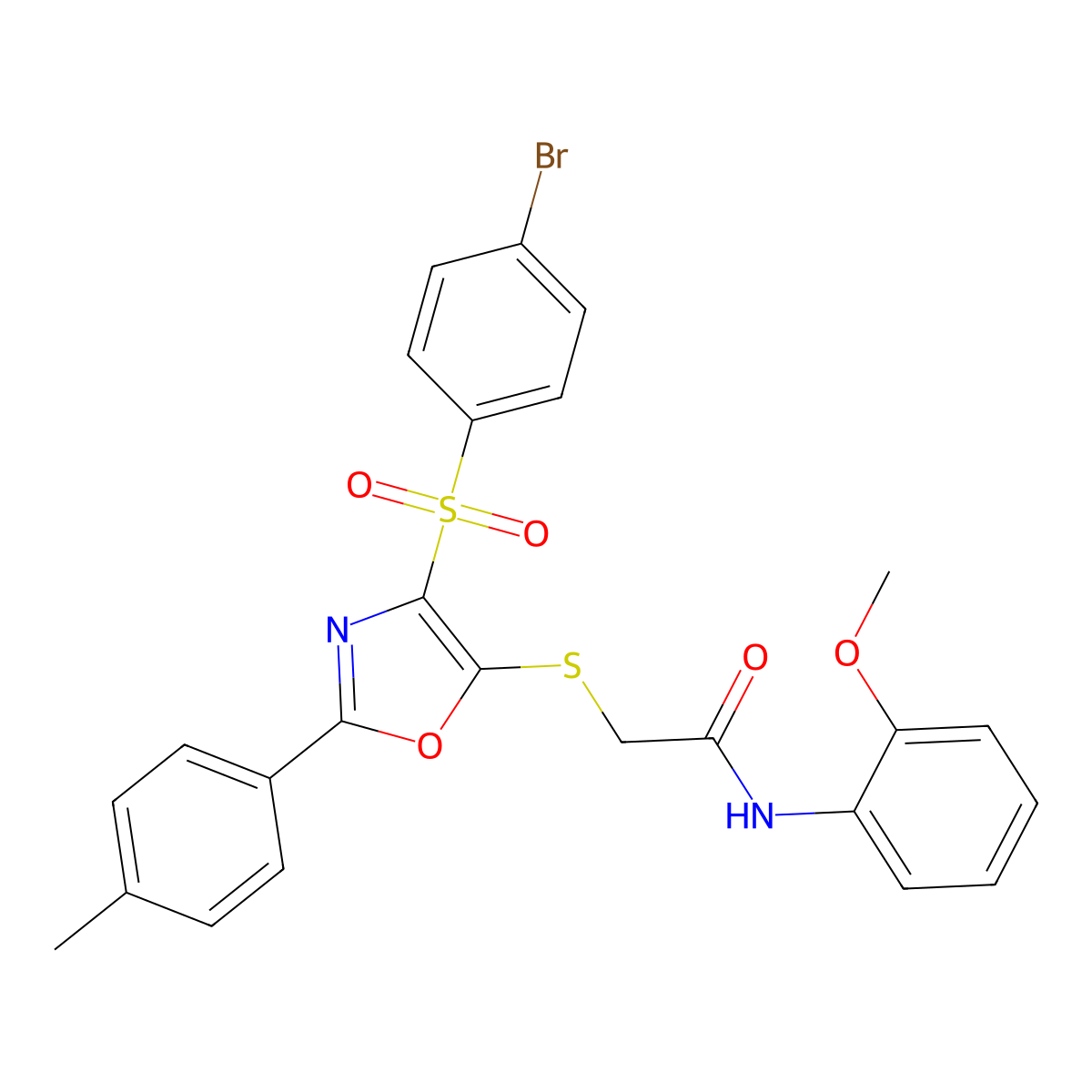 2-((4-((4-bromophenyl)sulfonyl)-2-(p-tolyl)oxazol-5-yl)thio)-N-(2-methoxyphenyl)acetamide molecular structure, CAS 850926-92-0