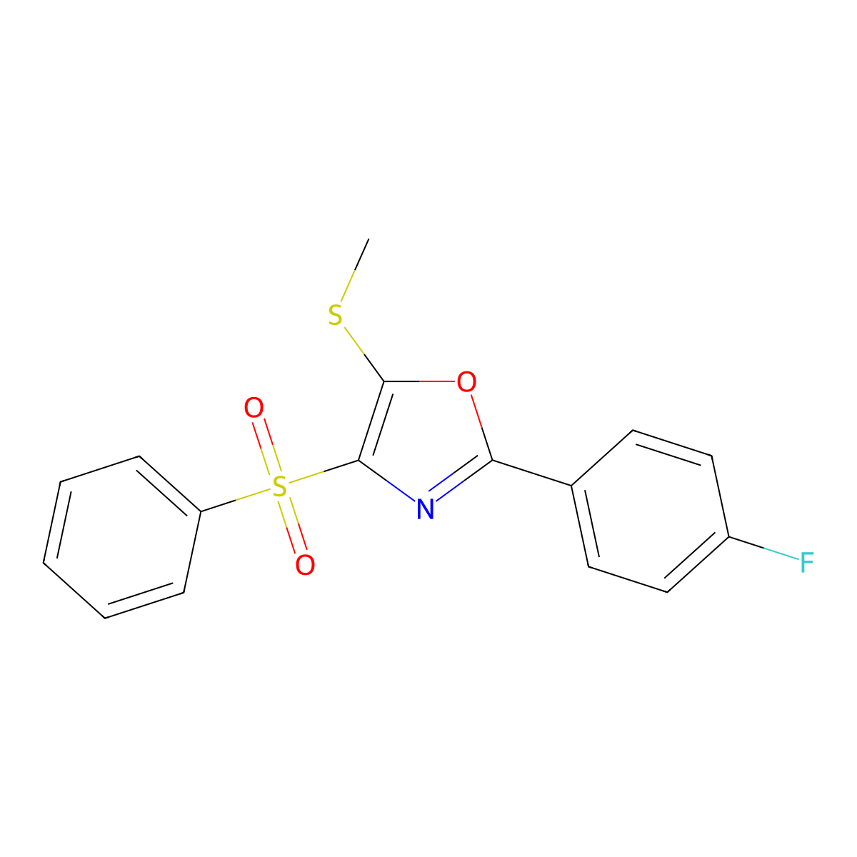 2-(4-Fluorophenyl)-5-(methylthio)-4-(phenylsulfonyl)-1,3-oxazole molecular structure, CAS 850927-00-3