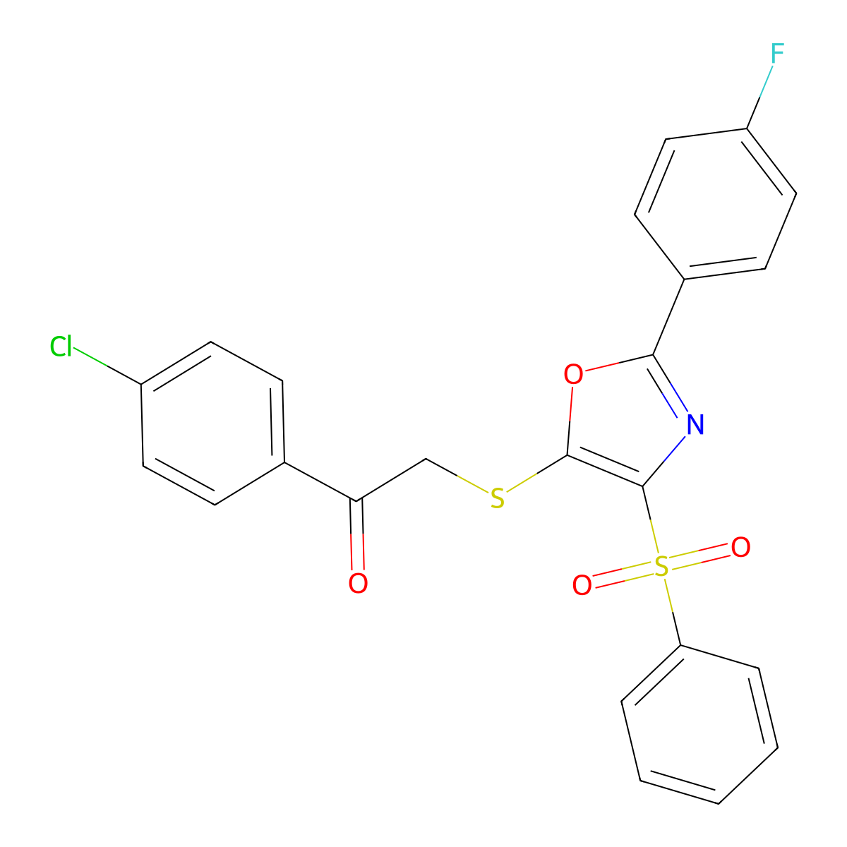 1-(4-Chlorophenyl)-2-((2-(4-fluorophenyl)-4-(phenylsulfonyl)oxazol-5-yl)thio)ethanone molecular structure, CAS 850927-06-9