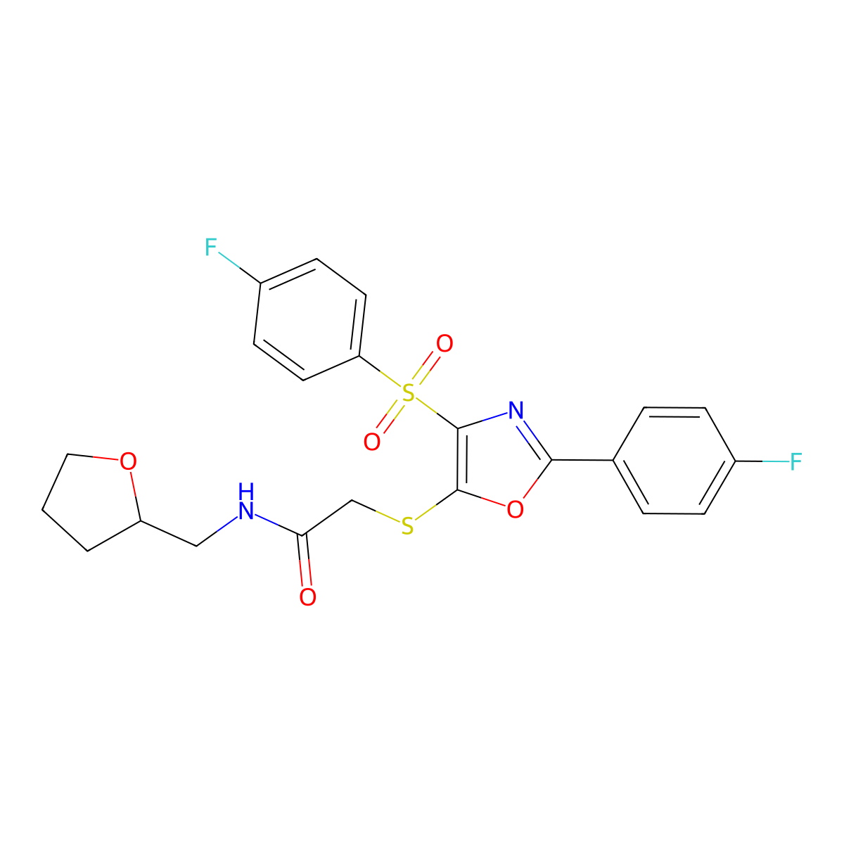 2-({2-(4-fluorophenyl)-4-[(4-fluorophenyl)sulfonyl]-1,3-oxazol-5-yl}thio)-N-(tetrahydrofuran-2-ylmethyl)acetamide molecular structure, CAS 850927-24-1